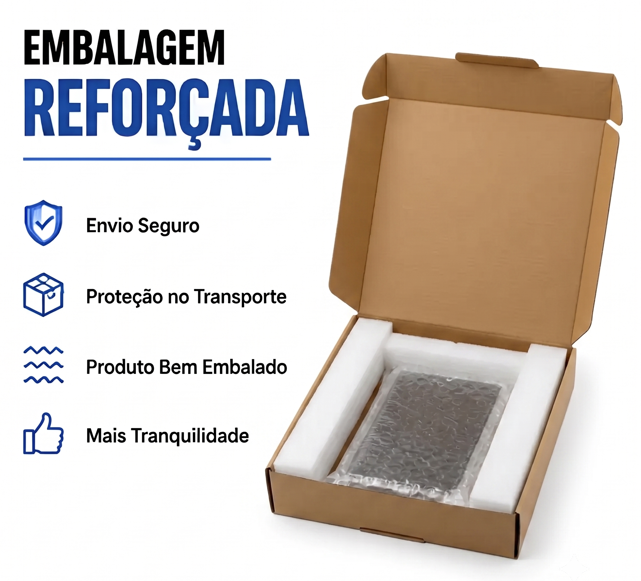 Embalagem reforçada com espuma e plástico bolha protegendo uma tela de celular